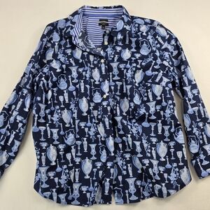 Talbots Plus Petite 18WP Blue Toile Vase Print Stretch Cotton Blouse Top